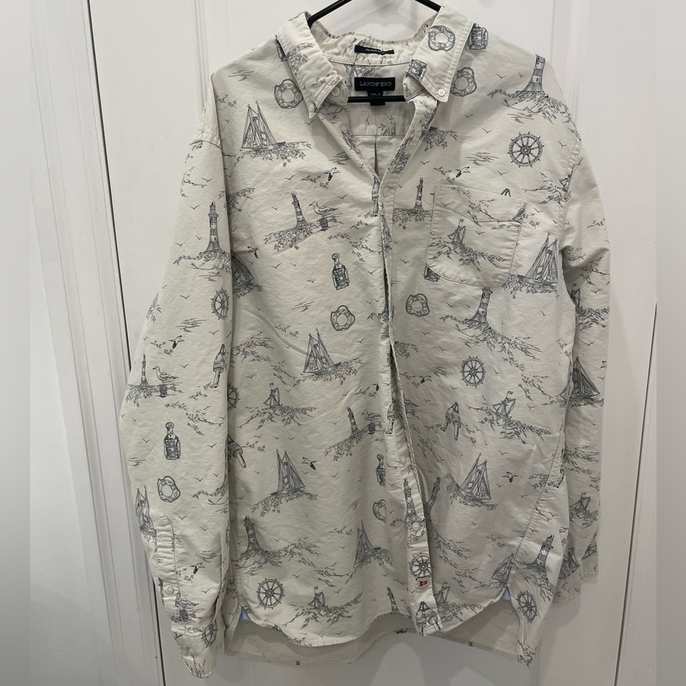 Lands' End Sail Rigger Oxford Nautical Print Button Down Men’s Shirt